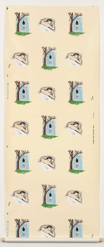 Patterned wallpaper showing alternating illustrations of a sleeping person and a hanging figure beneath a tree.