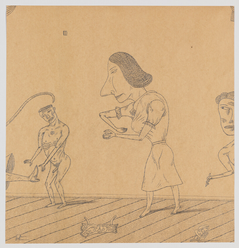 A tall woman with an exaggerated nose holds a small object while two thin figures stand nearby.