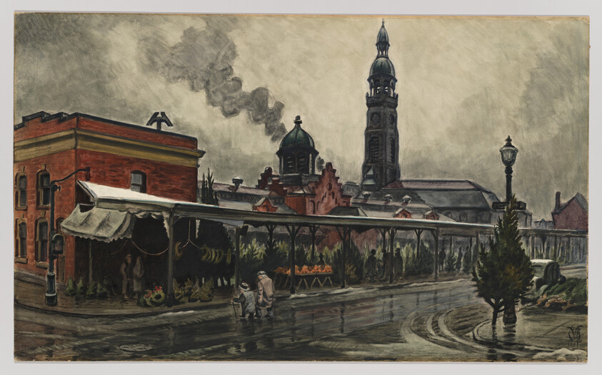 Two people walk past a covered street market in rain with a tall church tower and smoke.