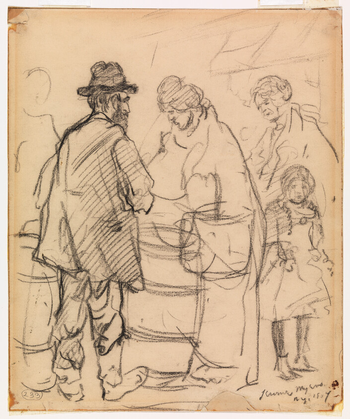 A bearded man in a hat speaks with two women beside a wooden barrel while a child watches.