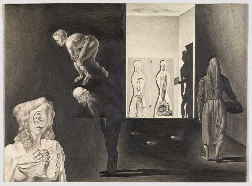 Dark room with distorted people, a woman showing a tiny face in her forehead and shadowy figures.