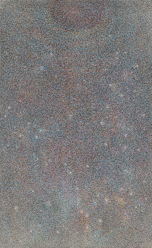 Dense multicolored static noise texture covers the entire image with tiny speckled dots throughout.