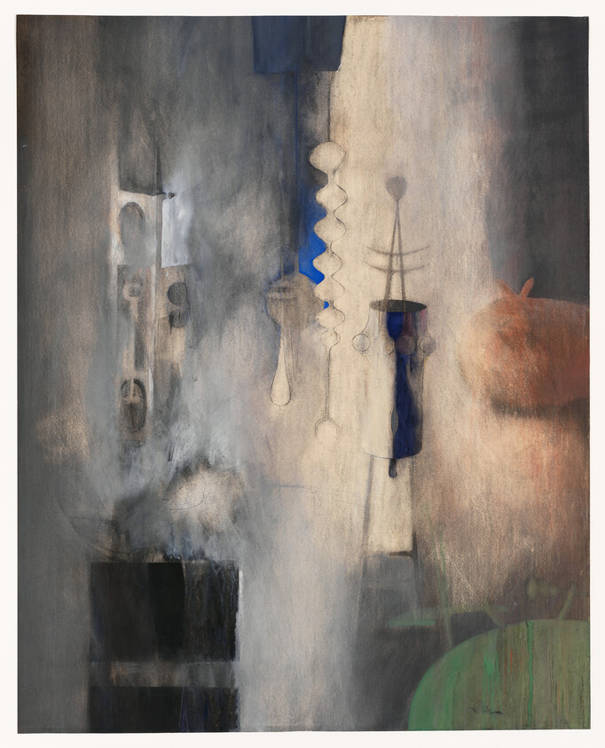 Muted abstract painting showing hanging sculptural shapes and drifting smoke against a soft background.