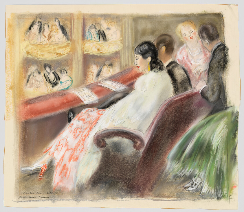 Well-dressed couple and companions seated in an ornate theater box watching the performance.