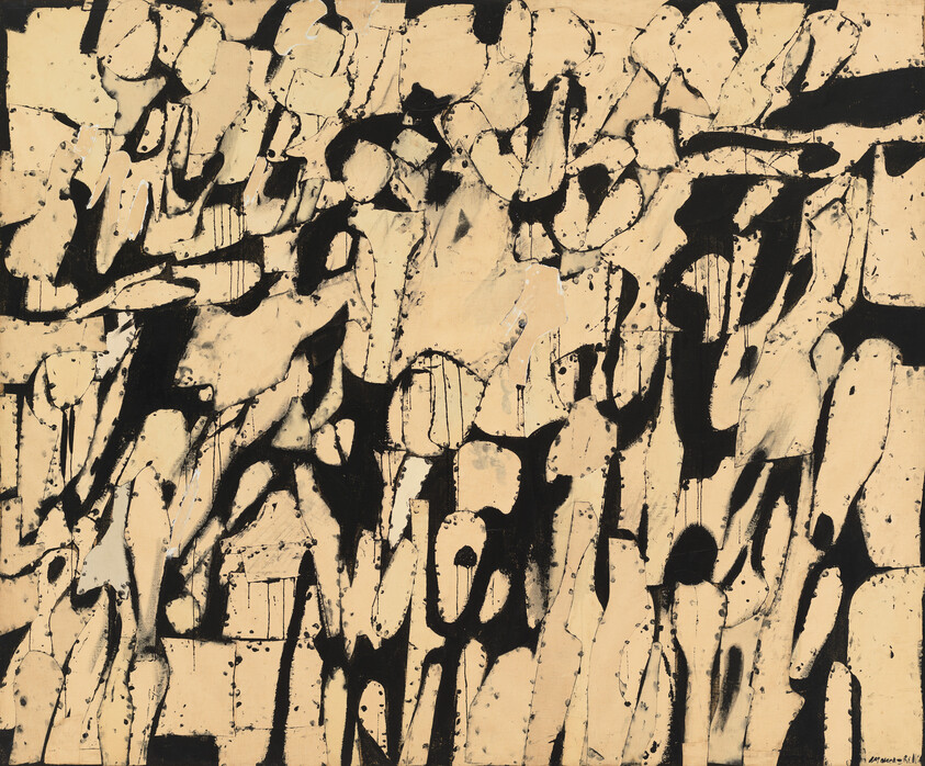 Abstract painting of overlapping black brushlike marks on a beige background resembling calligraphic strokes.