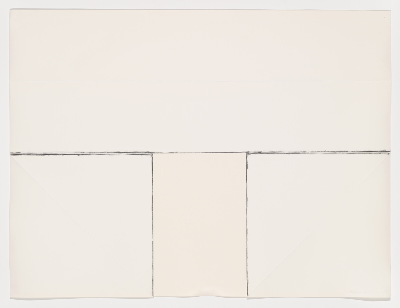 Large off-white paper with faint pencil lines dividing it into three vertical panels and a top band.