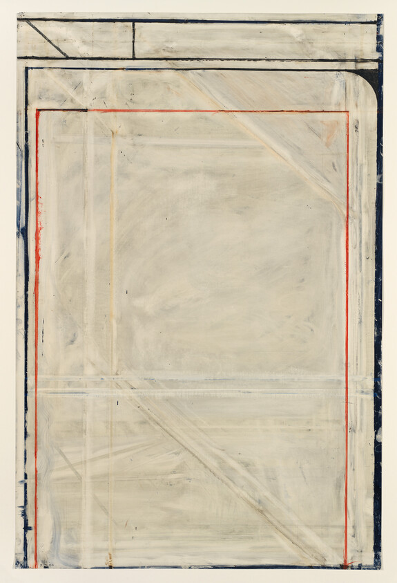 Large pale abstract painting with faint geometric lines and a thin red rectangular border near edges.