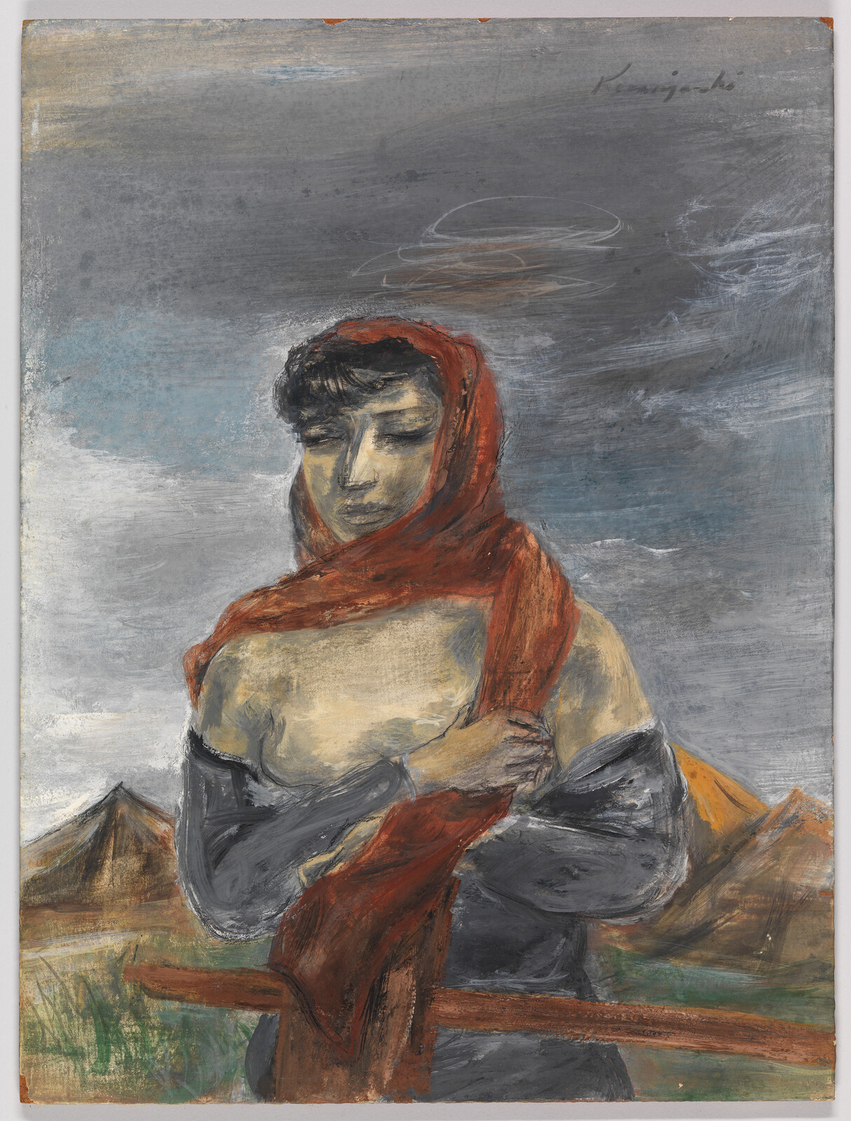Woman wearing a red headscarf clasps the scarf across her chest against a cloudy landscape.