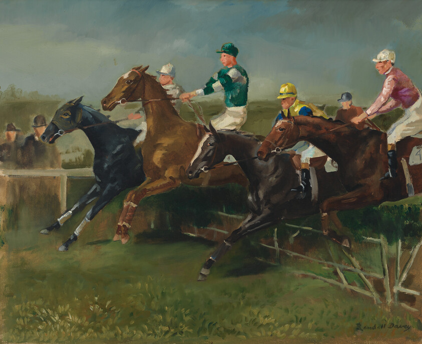 A painting depicting a dynamic horse race scene with four jockeys in colorful racing silks riding their horses mid-gallop. The focus is on the two leading horses, one black and one brown, both leaping over a fence. The background suggests a cloudy sky and a distant crowd of spectators. The artwork is signed by the artist in the lower right corner.