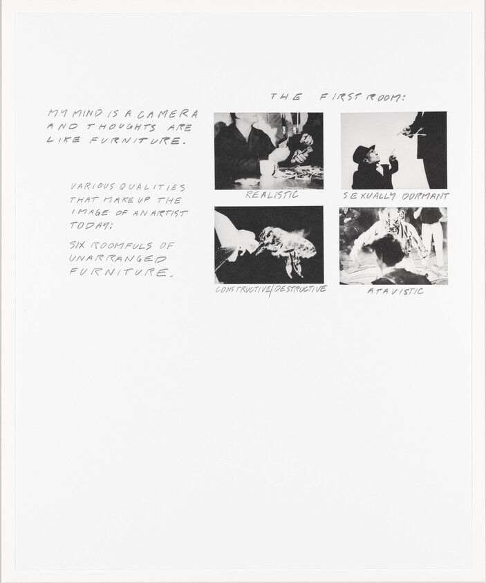 Handwritten notes and four small black-and-white photos labeled with qualities like realistic and sexually dormant.