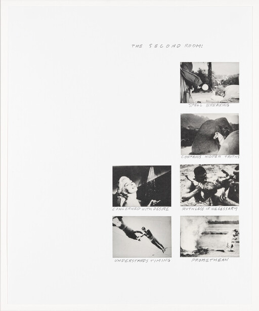 Six small black-and-white film stills with handwritten captions arranged on a mostly blank white page.