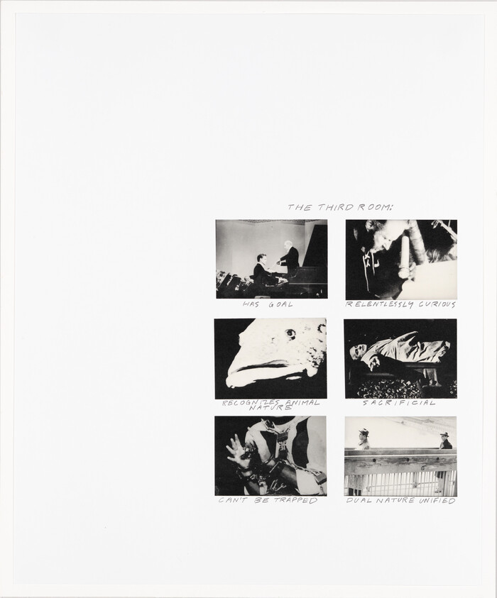 A collage of six black-and-white photographs with handwritten captions about the third room and animal nature.