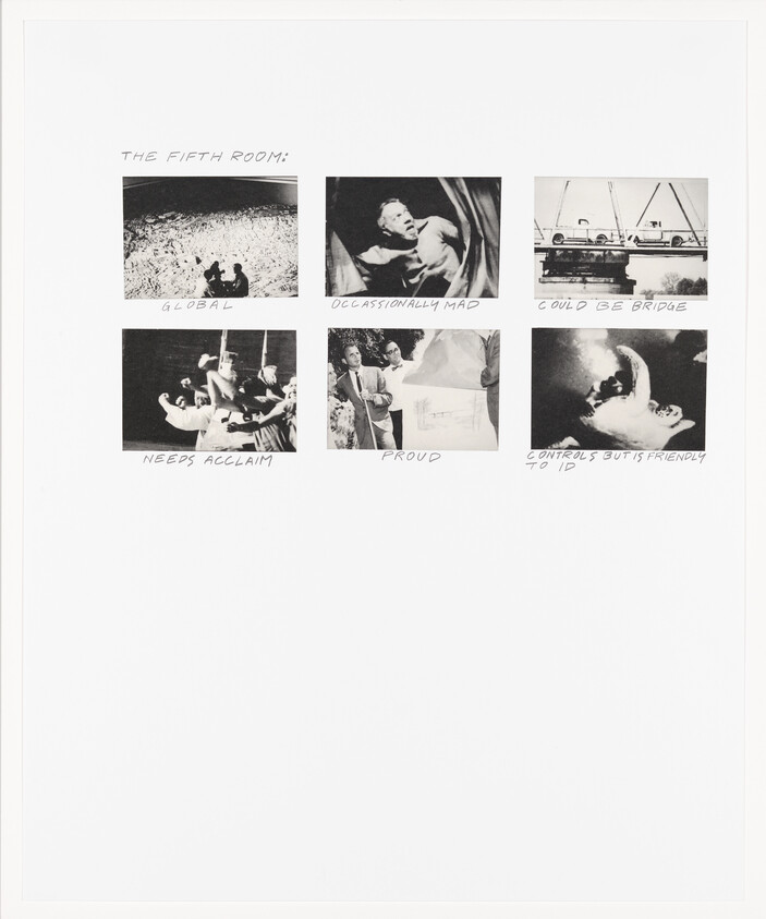 Six small black-and-white photographs arranged in two rows with handwritten captions and a title.