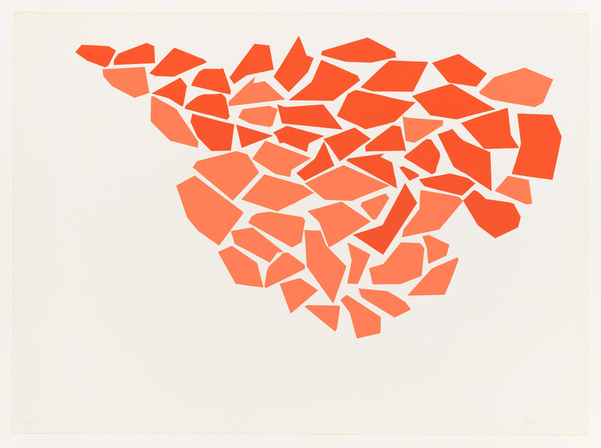Cluster of red-orange irregular polygons arranged in a loose triangular shape on a white background.