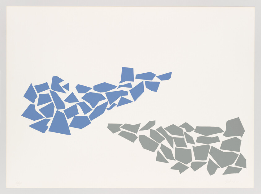 Two clusters of irregular blue and gray polygon pieces lie separated on a white background.