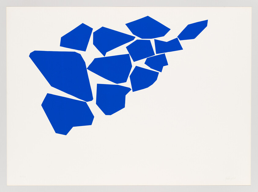 Cluster of irregular blue geometric shapes arranged in the upper-left on a white background.