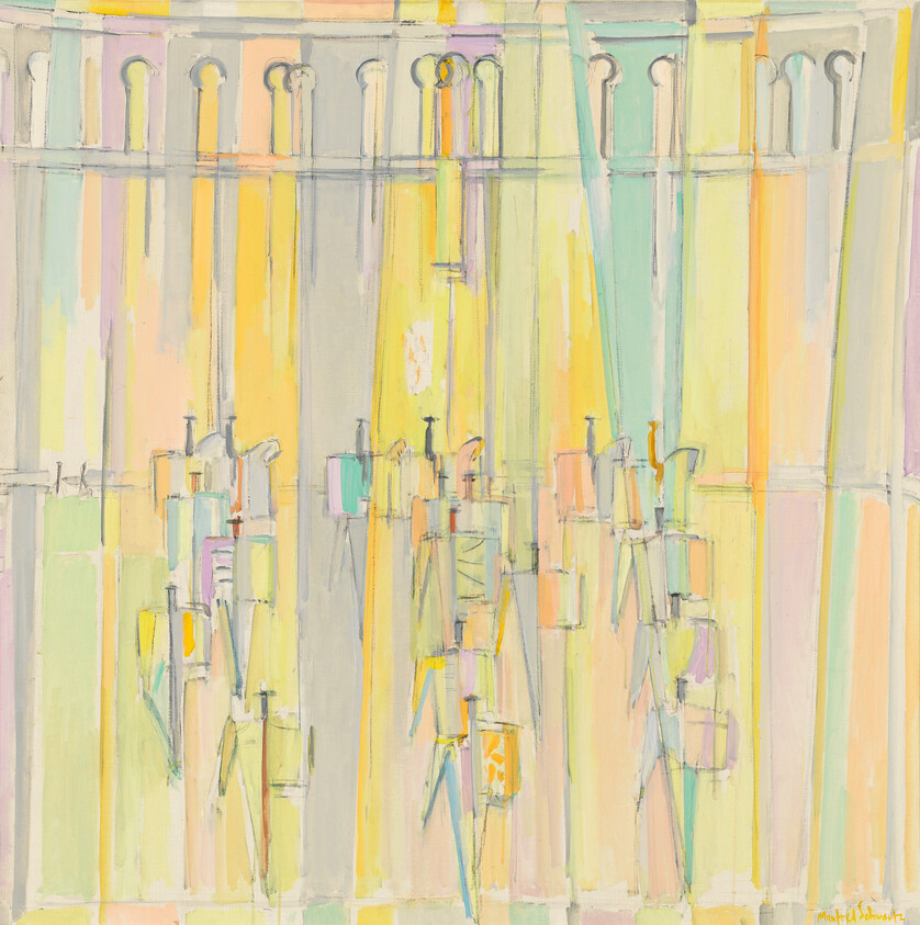 Pastel abstract scene showing rows of small easels and canvases before tall arched windows.