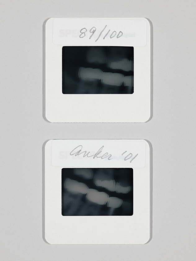 Two small photographic slides stacked vertically, each showing a dark abstract image and handwritten labels '89/100' and 'Anker '01'.