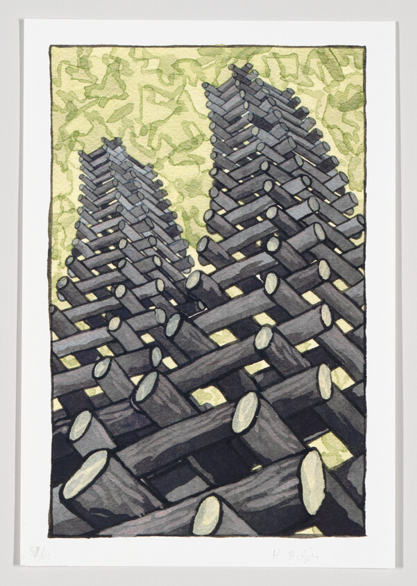 A watercolor print featuring an abstract pattern of interlocking dark shapes with highlights, resembling a stylized architectural form or a complex weaving pattern, set against a textured green background. The print is numbered and signed by the artist at the bottom.