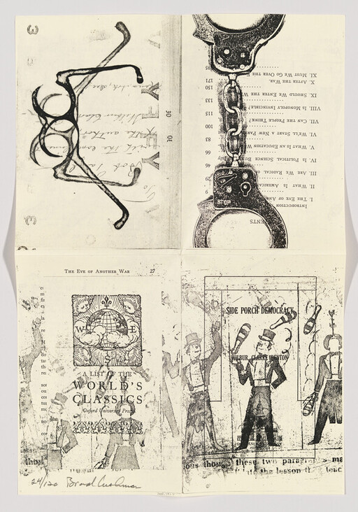 A four-panel collage shows handcuffs, eyeglasses, a "World's Classics" bookplate, and a "Side Porch Democracy" cartoon.