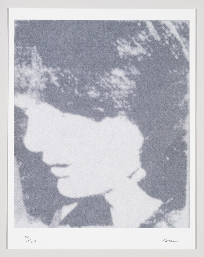 A grainy, high-contrast print of a person's profile with a numbered edition marking and a signature on the bottom.