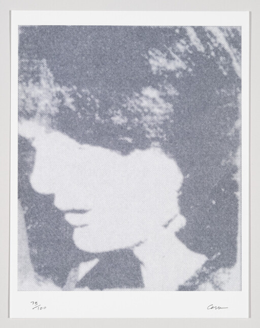 High-contrast halftone side profile of a person with curly hair and a downward gaze.