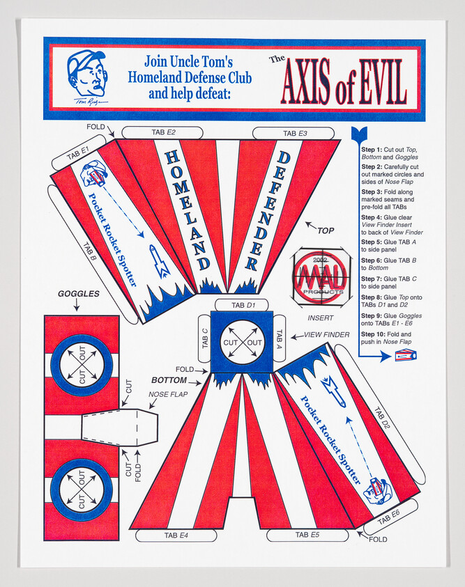 Illustration of a paper craft model titled "The AXIS of EVIL" featuring a cut-out design for a "Homeland Defender" with instructions on how to assemble it. The design includes red and white stripes with blue accents, tabs labeled E1 to E6, a top piece, goggles, and a bottom nose flap. The top of the image has text inviting to join "Uncle Tom's Homeland Defense Club" and the bottom right corner shows a logo for "MAD Products 2002."
