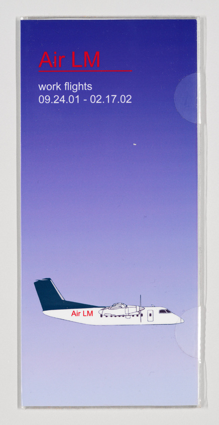 Promotional material for Air LM featuring a graphic of an airplane with the company's name on the fuselage, set against a blue background with the text "work flights 09.24.01 - 02.17.02" displayed above.