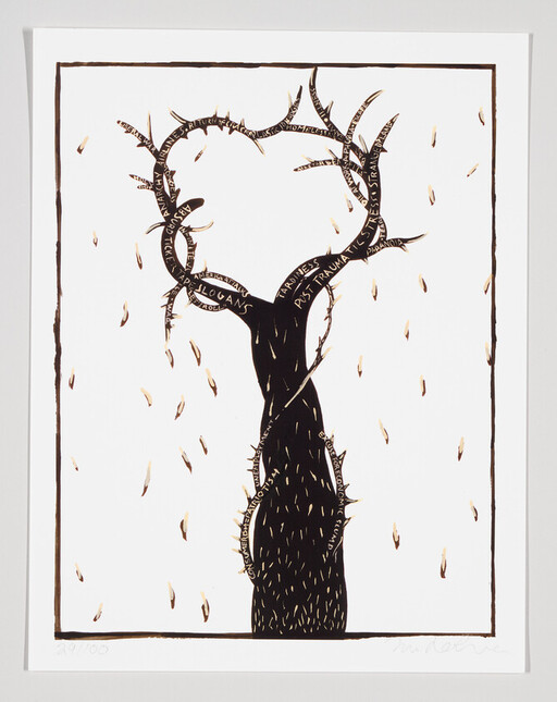 A thorny black tree with words carved into its branches sheds small falling leaves.