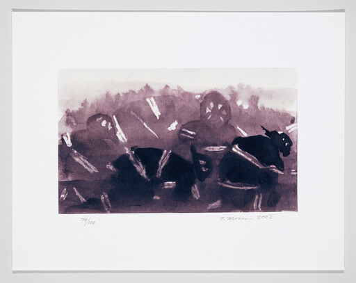 Three dark, horse-like figures move through streaks of light in a purple watercolor print.