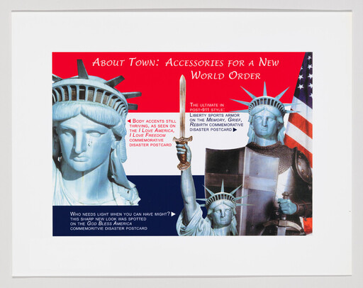 Statue of Liberty figures wear armor and hold a sword against a red, white, and blue background.