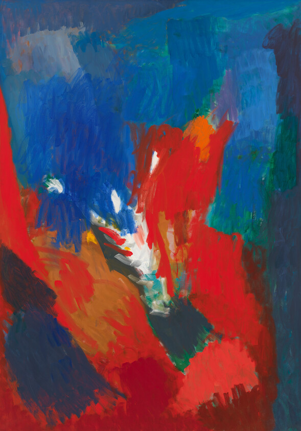 Bold red and blue brushstrokes swirl together with white and green highlights in an abstract composition.