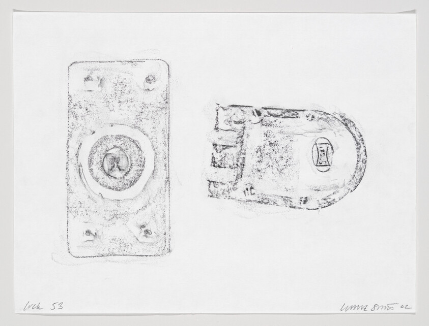 Sketch of a lock and a keyhole on a white background, signed and dated by the artist.