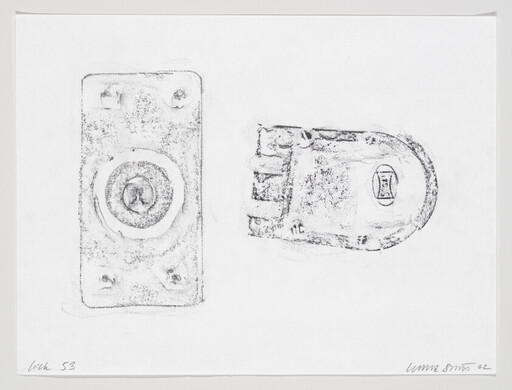 Two rubbed pencil sketches of a door lock plate and a padlock mechanism on plain paper.