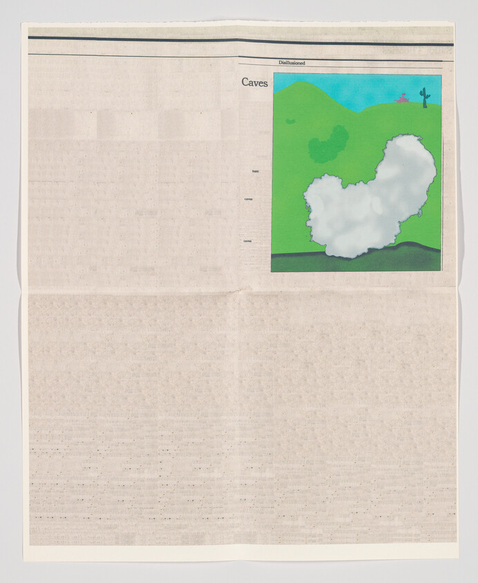 Folded newspaper with a colorful graphic of a cave on the upper right, rest of the page mostly blank with faded text.