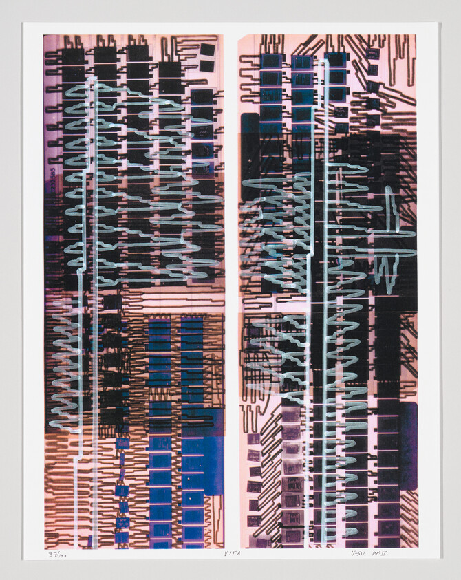 Abstract artwork depicting stylized skyscrapers with vibrant blue and pink hues, overlaid with wavy lines.