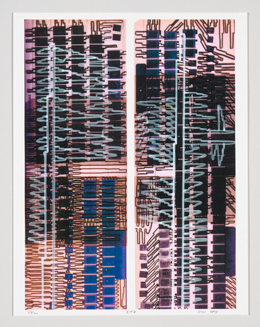 Two vertical panels showing colorful circuit board patterns with blue squares and black electronic traces.