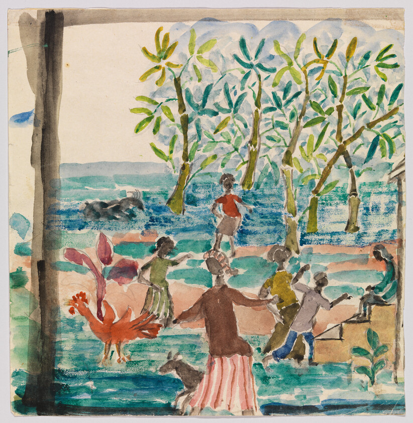 Women and children play and dance by the water under trees, with a rooster nearby.