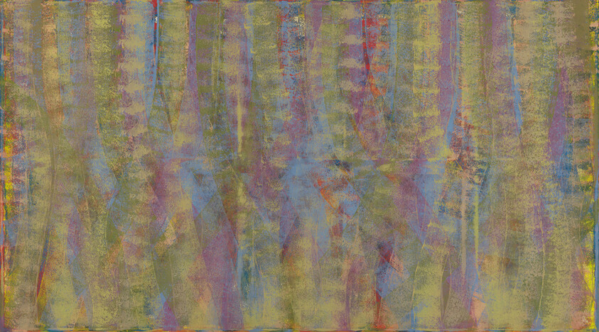 Muted vertical stripes in layered earthy colors create a textured, abstract forest-like pattern across the canvas.