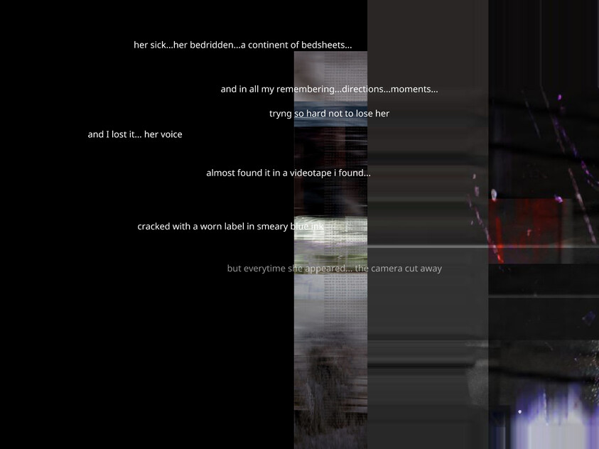 Dark glitchy vertical panels with fragmented white text about a bedridden woman and lost videotape.