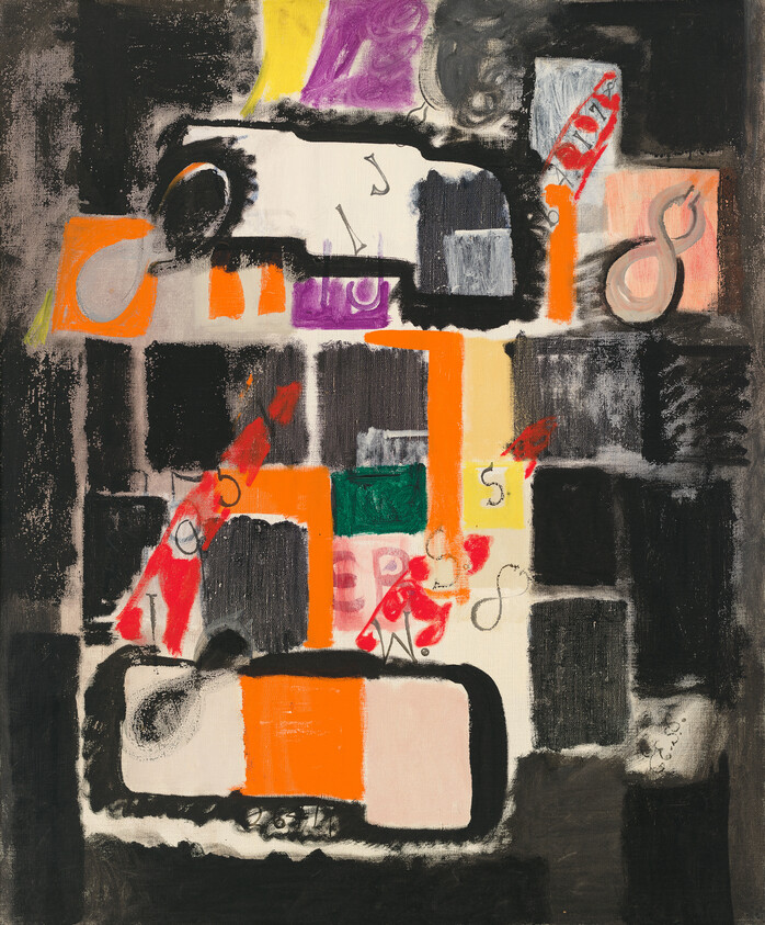 Abstract painting with black grid and bright orange rectangles crossed by red diagonal marks and scattered letters.