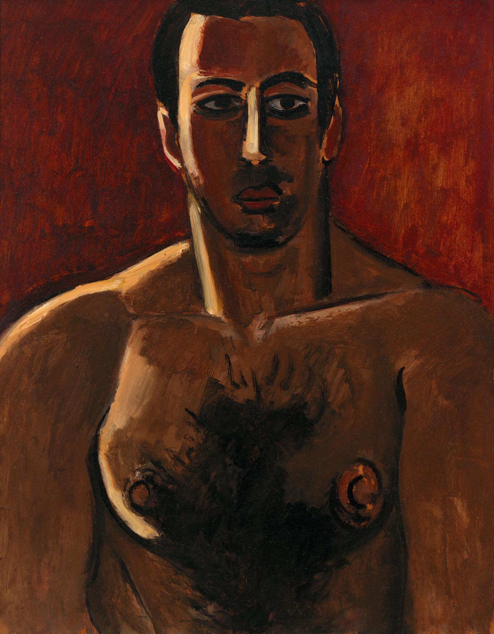 A painted portrait of a bare-chested man with a solemn expression against a red background.