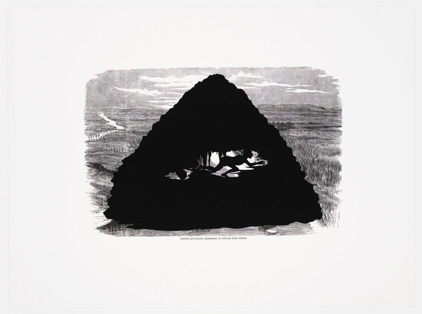 A black and white artwork depicting a large, dark triangle with a rough, textured outline against a lighter background that resembles a landscape. Inside the triangle, there are white spaces that create the impression of figures or objects. Below the triangle, there is text that reads, "Power cries: build arches to attack your inside." The image has a border with some text and numbers indicating it's part of a limited series.