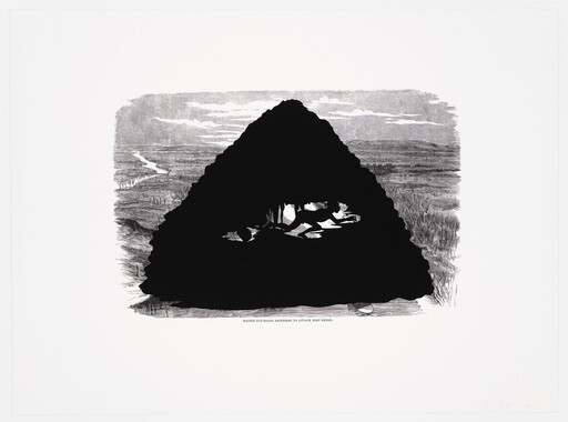 A large dark mound reveals silhouetted figures resting inside against a distant landscape.