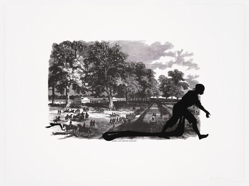 Black and white artwork featuring a large silhouette of a person in a crouching position overlaid on a detailed park scene with trees, people, and horses. The silhouette creates a stark contrast with the intricate background, and there is text at the bottom of the image.