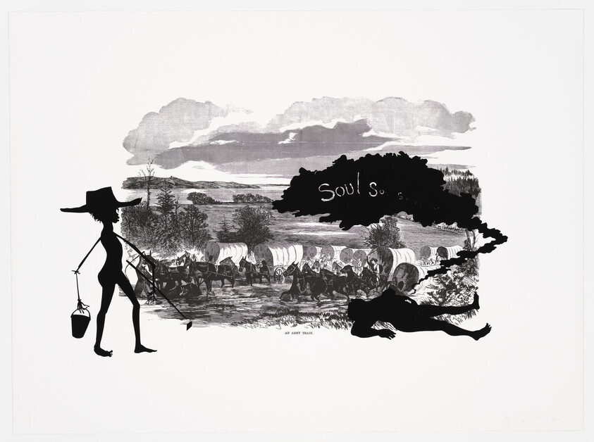 A black and white artwork featuring a silhouette of a slender figure with a hat, carrying a bucket and a rifle, walking towards the left. In the background, a historical scene unfolds with a caravan of covered wagons and a group of people on horseback. A large, dark cloud-like shape overlays part of the scene with the words "Soul So..." visible within it. The bottom right corner contains a signature and the year, while the bottom left has the text "AN ARMY TRAIL."