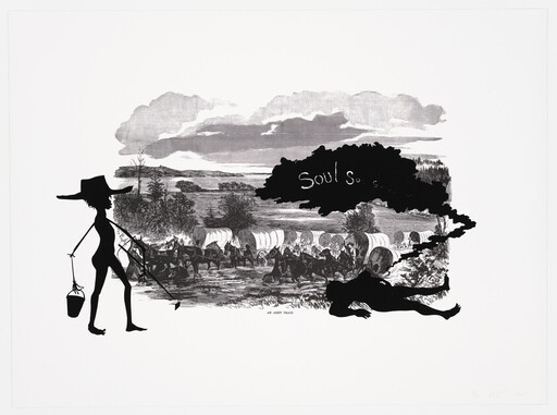 Silhouetted figure carrying a bucket and hoe walks past covered wagons and a reclining figure.
