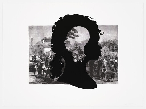 Black silhouette of a girl's profile revealing a crowded 19th-century village scene inside.