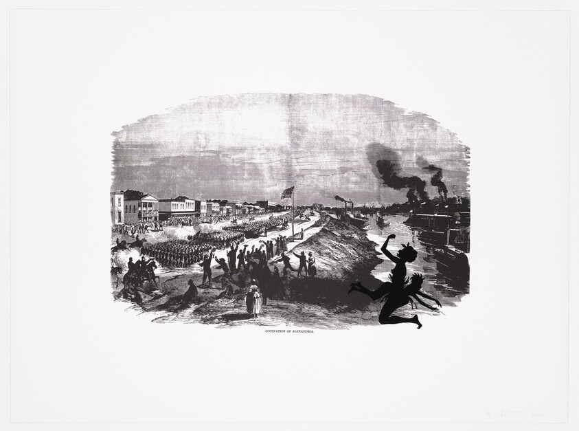 British troops land and march through Alexandria while citizens watch and steamboats puff smoke.