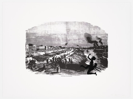 British troops land and march through Alexandria while citizens watch and steamboats puff smoke.